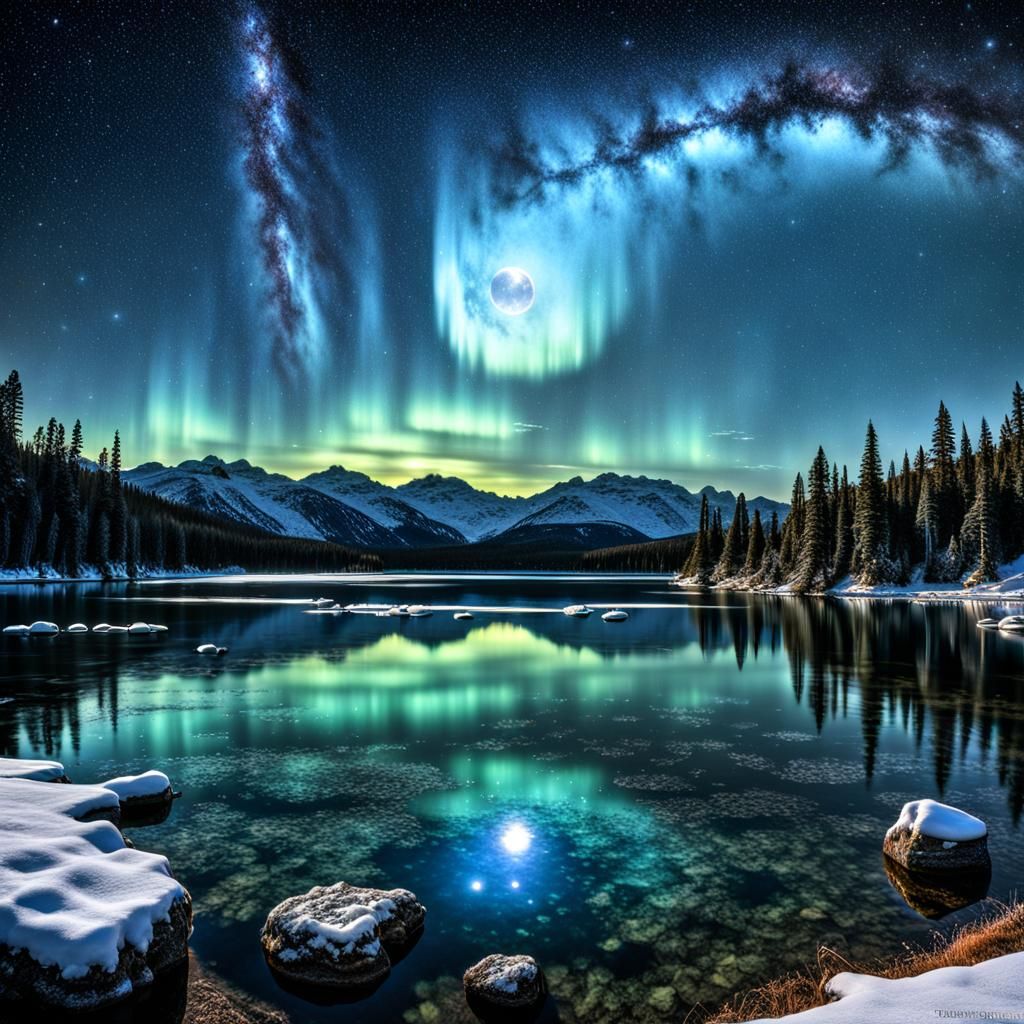 Hyperrealistic Moon and Stars Reflected in Lake