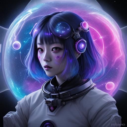 Japanese Gothic Woman in Space, Holographic Illustration