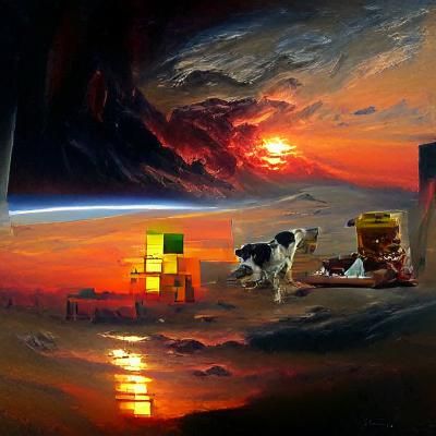 Surreal Backrooms Sunset with Futuristic Dog, Oil Painting