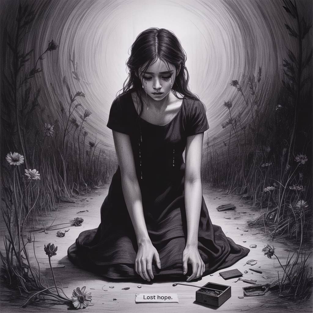 Sorrowful Woman in Despair: A Charcoal Drawing