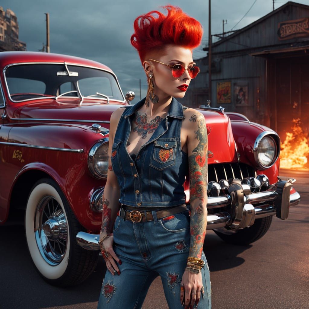 Sultry 50's Rockabilly Woman with Tattoos and Cherry Red Hot...