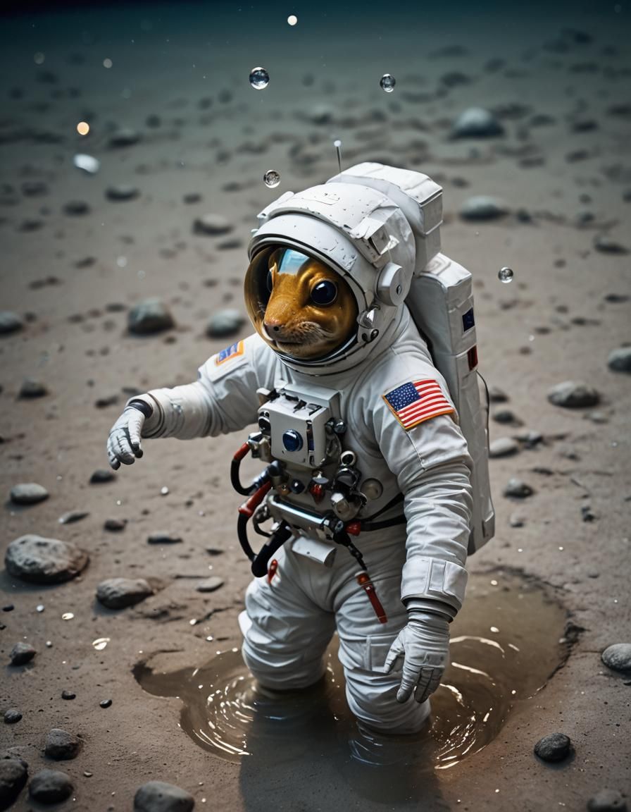 Astronaut Fish on Moon Surface in Earthlight