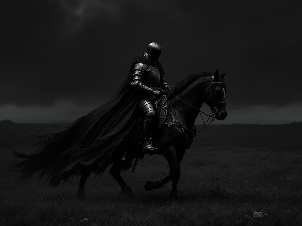 Medieval Soldier on Black Horse: Oil Painting