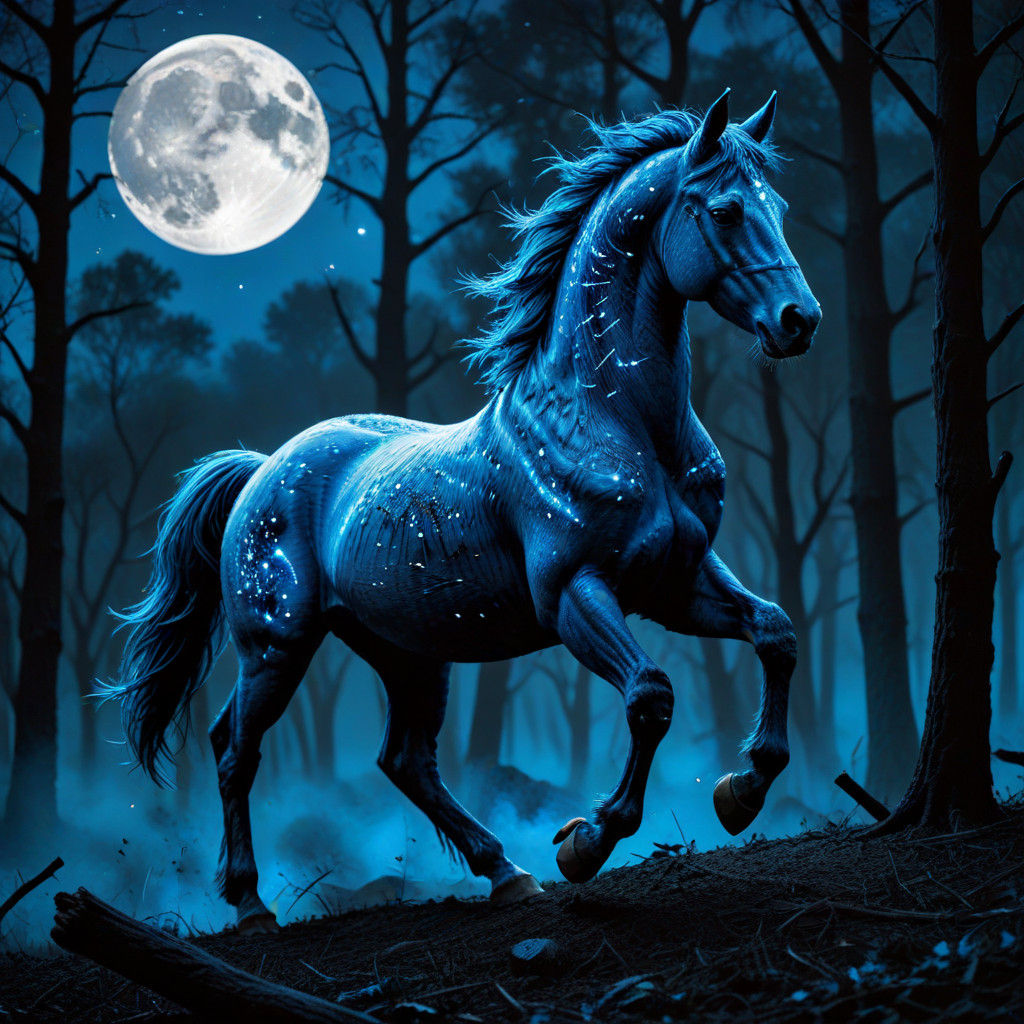Majestic Horse Surrounded by Vibrant Blue Flames in a Dark F...