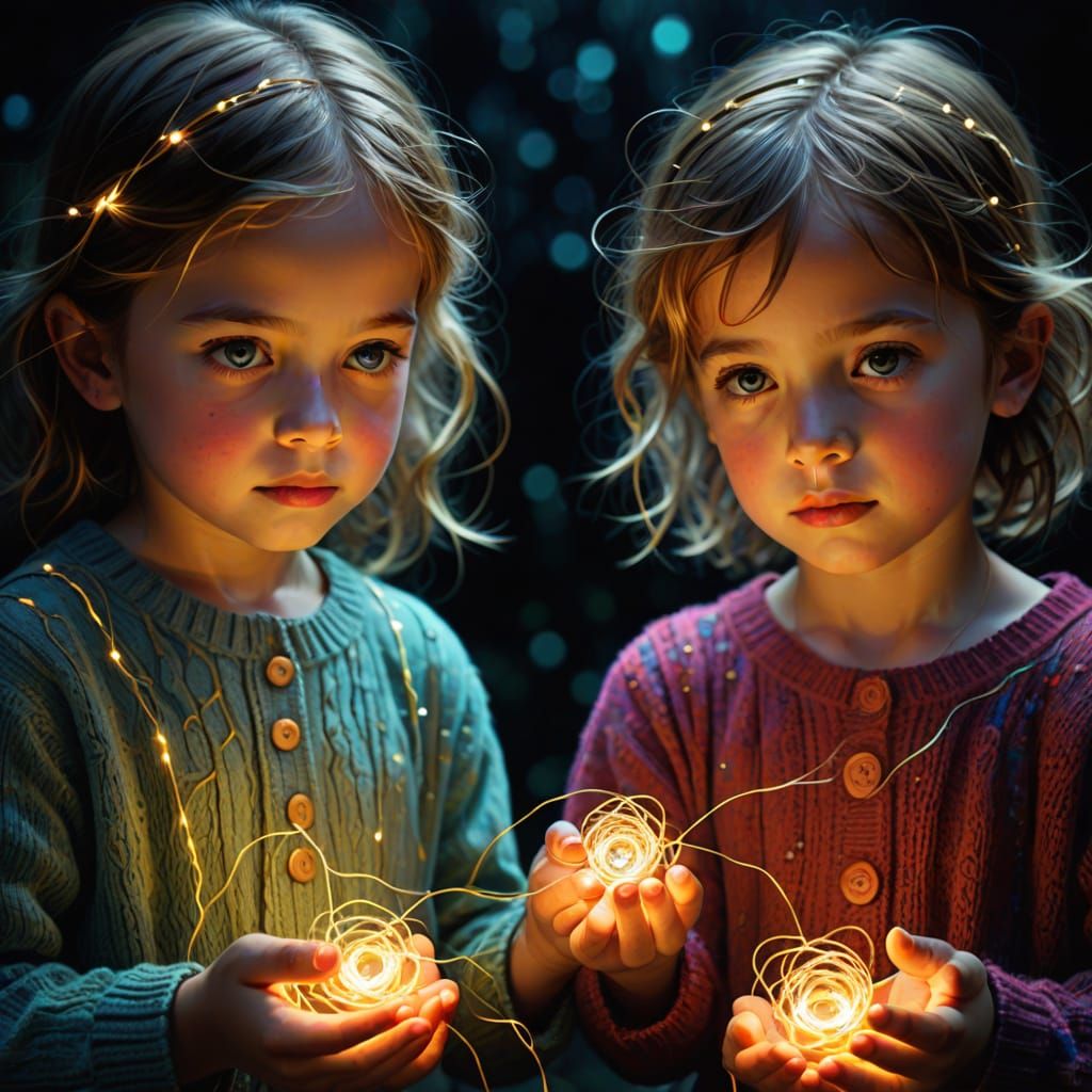 Children Connect with Glowing Light Threads in Digital Art