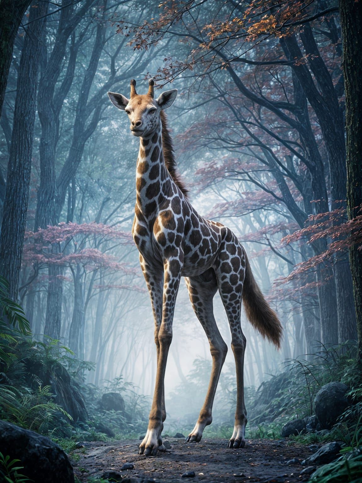 Mythical Wolf-Giraffe Chimera in Magical Forest