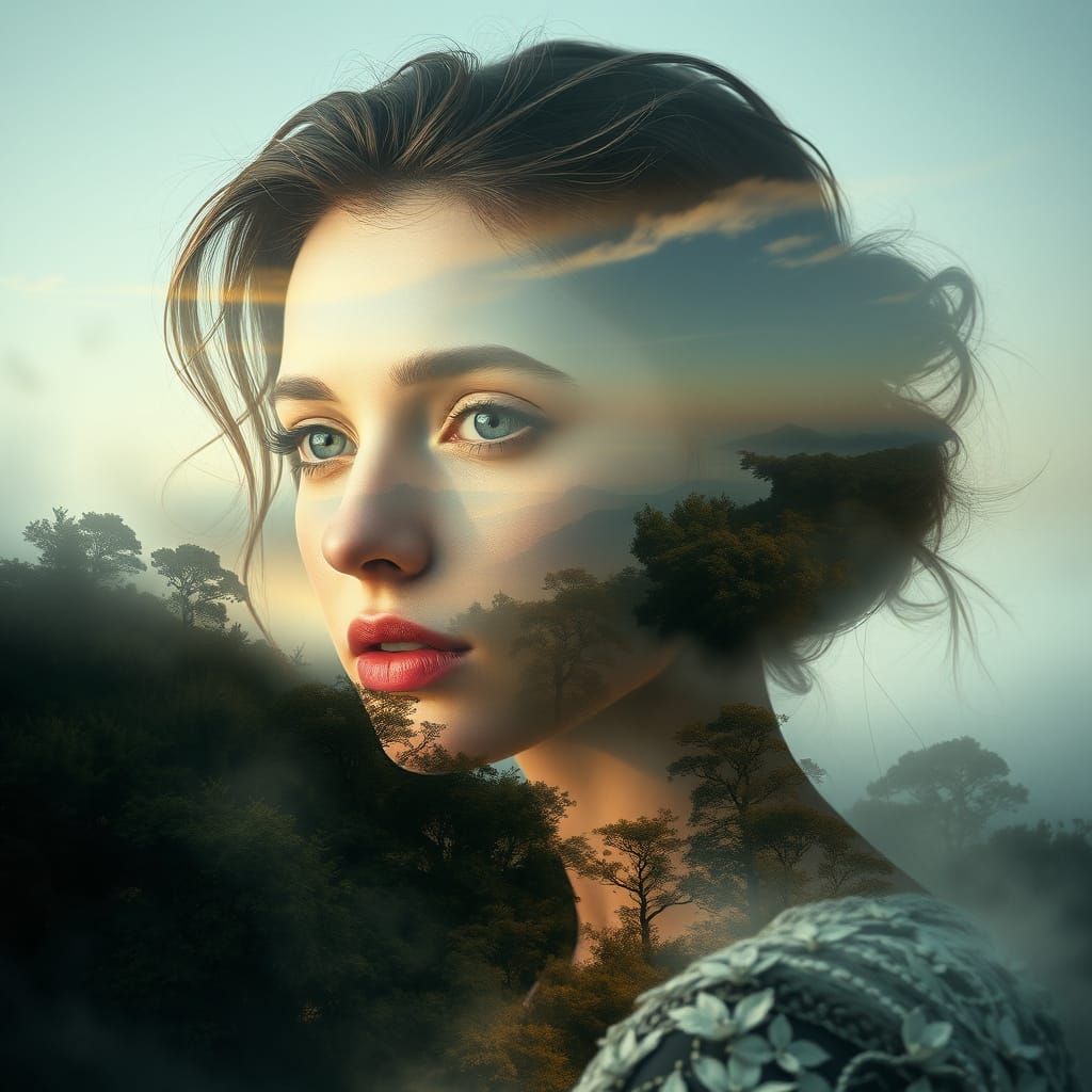 Dreamlike Double Exposure Portrait in Ethereal Fantasy Realm