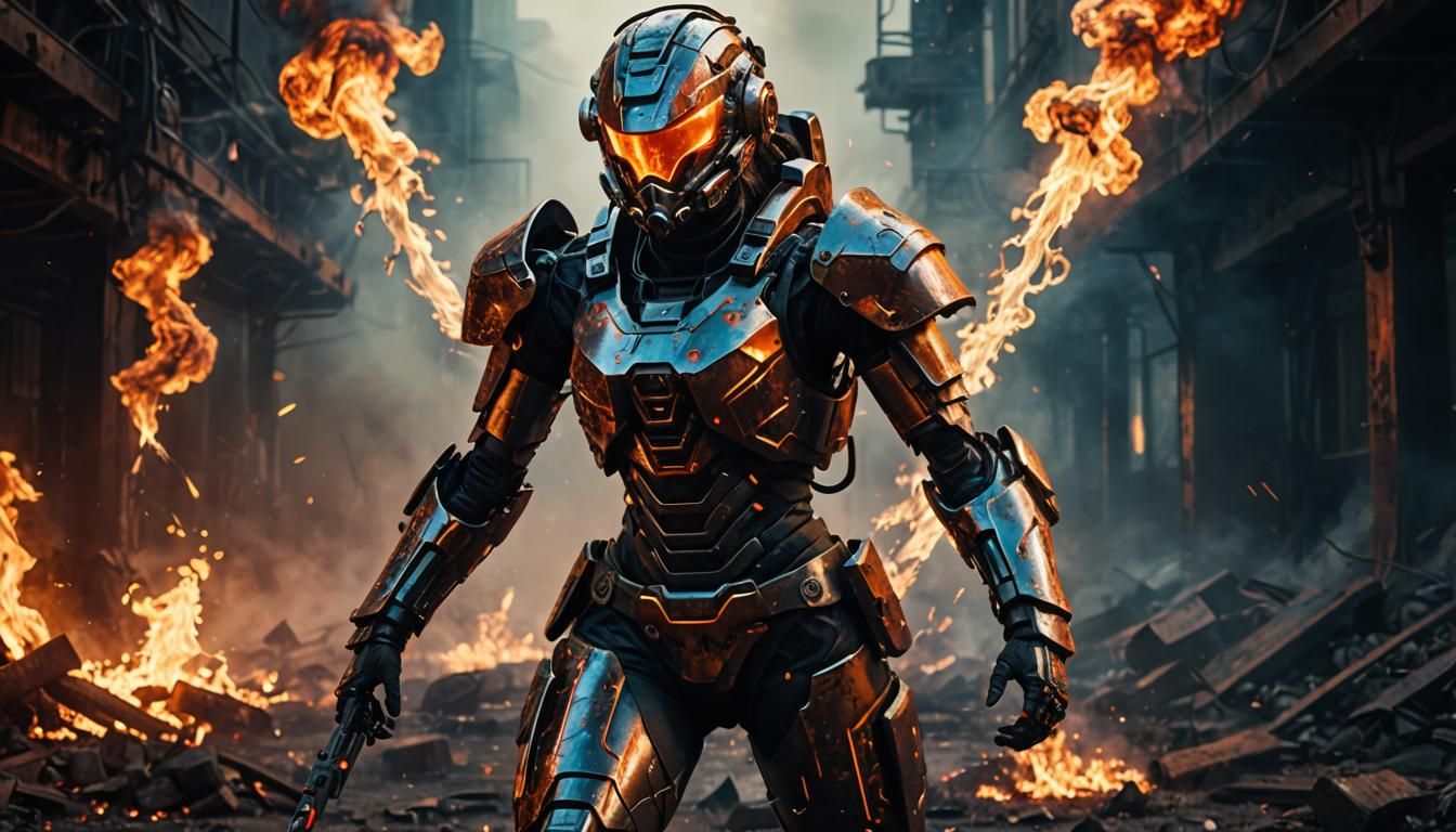 Fiery Female Warrior in Mech Suit: Cinematic Digital Art