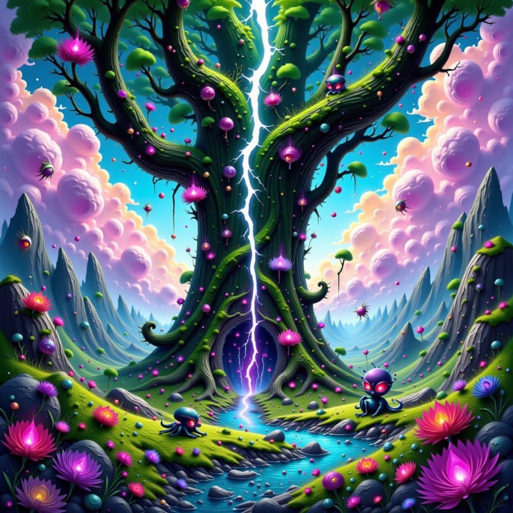 Moss Critter and Insectoid Creature in Fantasy Landscape