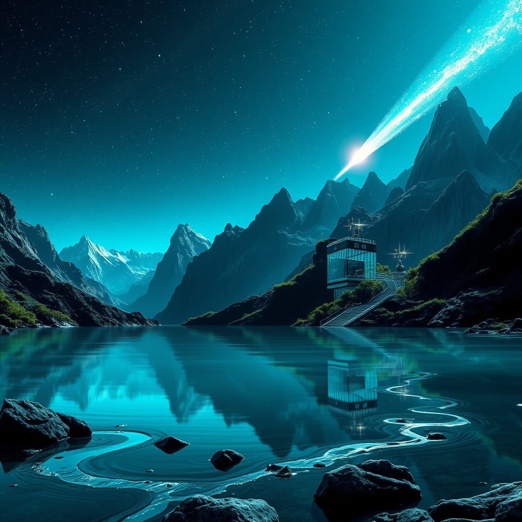 Ethereal Hyperrealistic Landscape with Obsidian Mountains an...