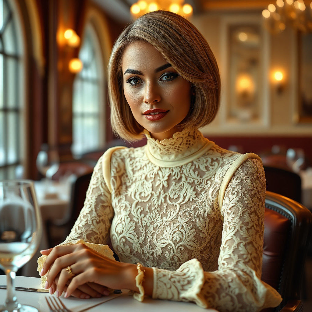 Elegant Woman in Yellow Lace Dress, Matte Painting