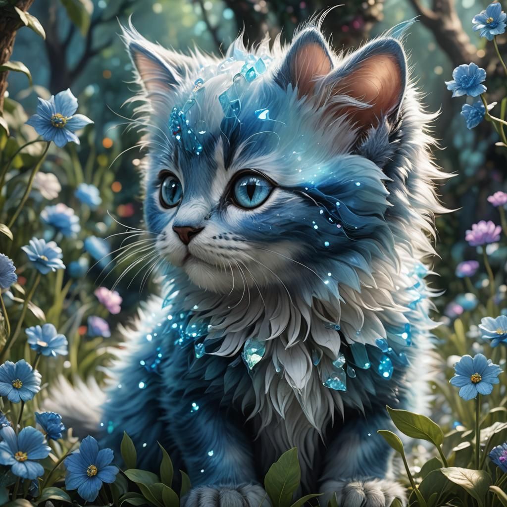 Blue Glass Kitten in Enchanted Garden: Fantasy Concept Art