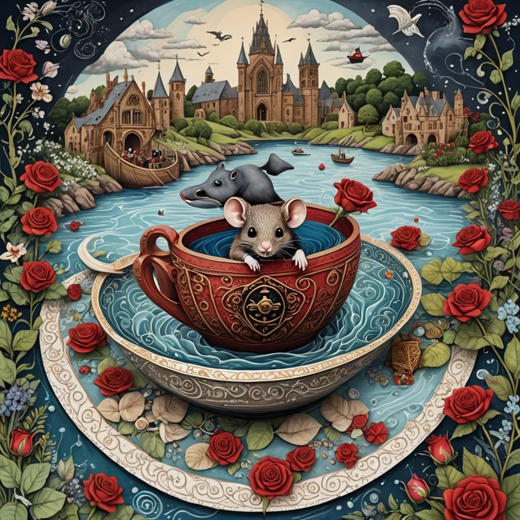 Pirate Mouse on Paper Boat with Gothic Abbey Backdrop