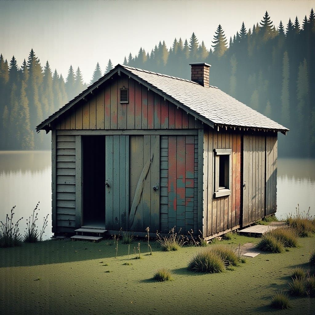 Pixelated Barn Fading into Digital Art