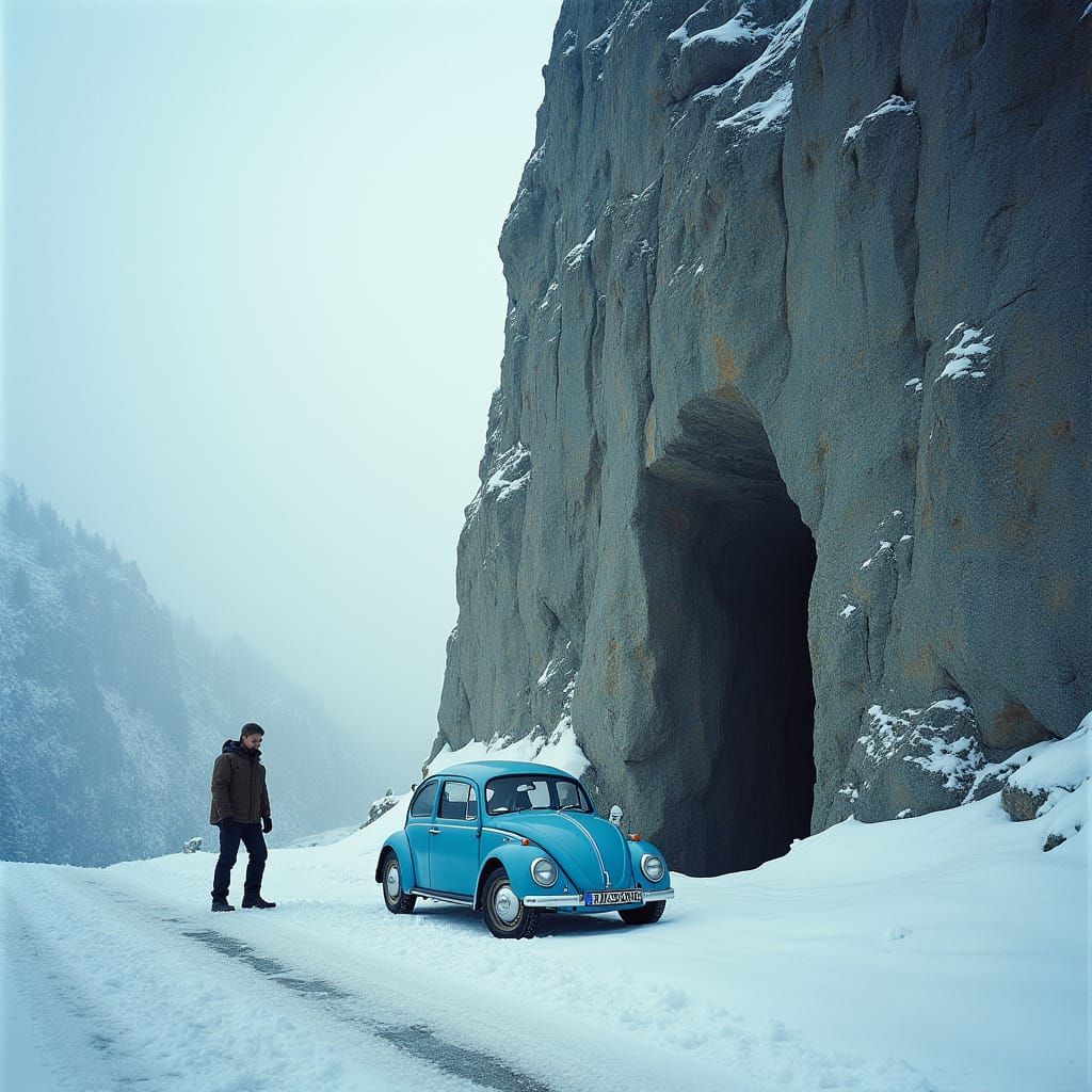 Blue VW Beetle Enters Snowy Tunnel in Alps