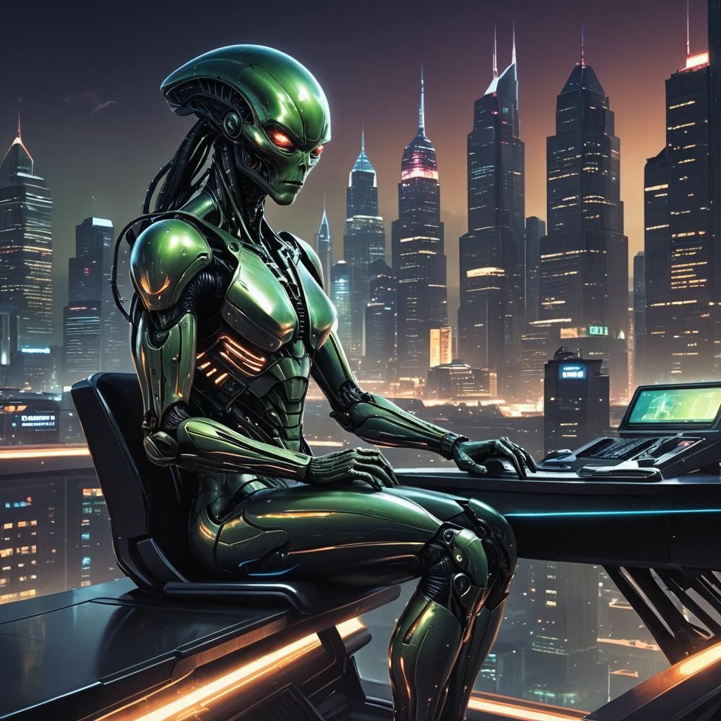 Dystopian Alien Executive in Neon Cityscape