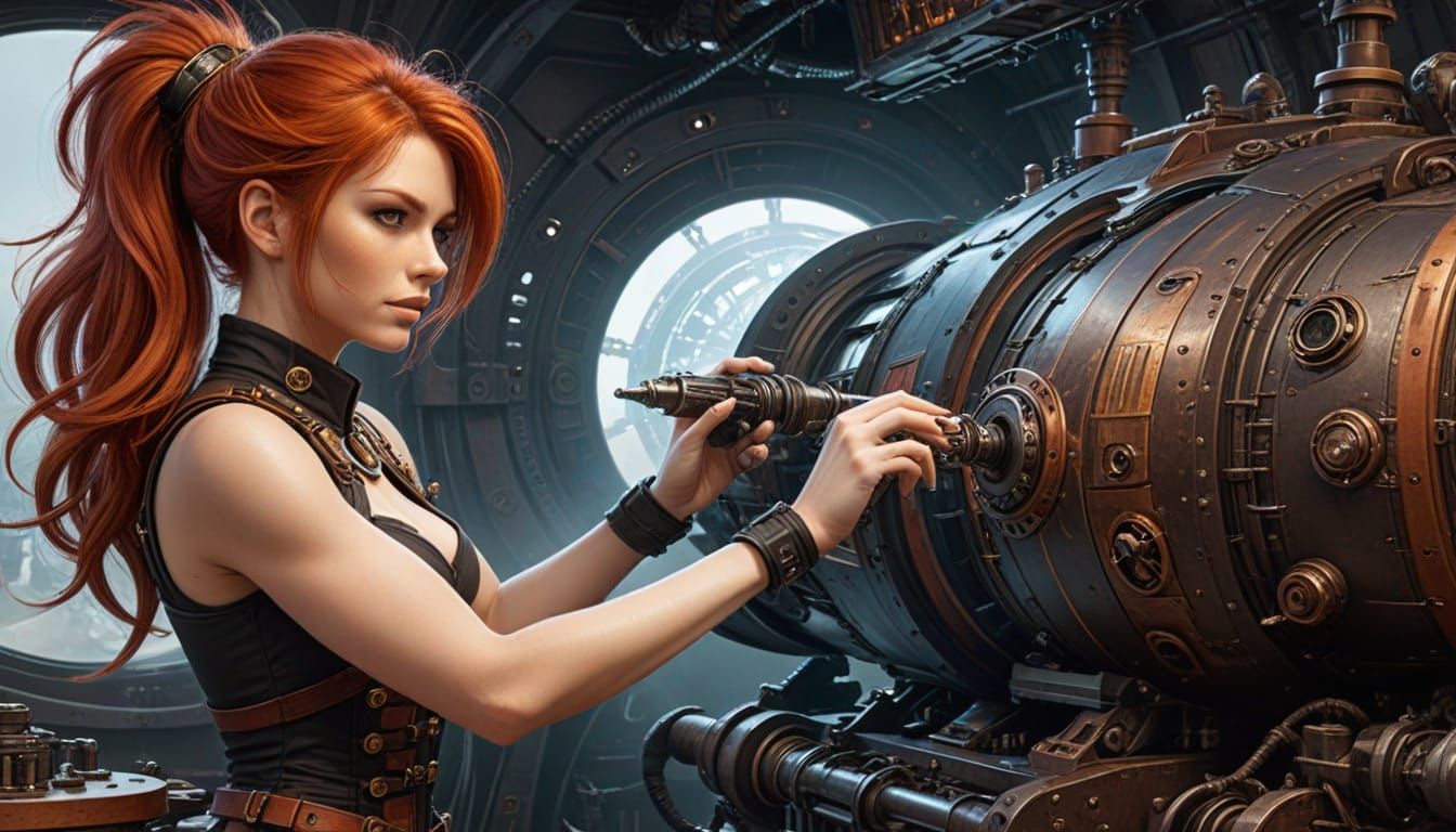 Sleek Steampunk Inventress Installs Futuristic Warp Drive