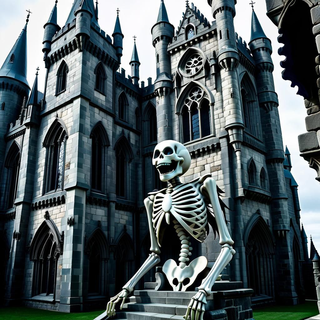 Grinning Skeleton in Gothic Castle, Detailed Gothic Art