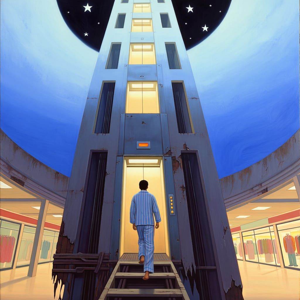 Surreal Elevator Journey into the Night Sky
