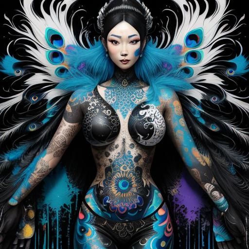 Asian Woman with Peacock Feathers in Graffiti Art