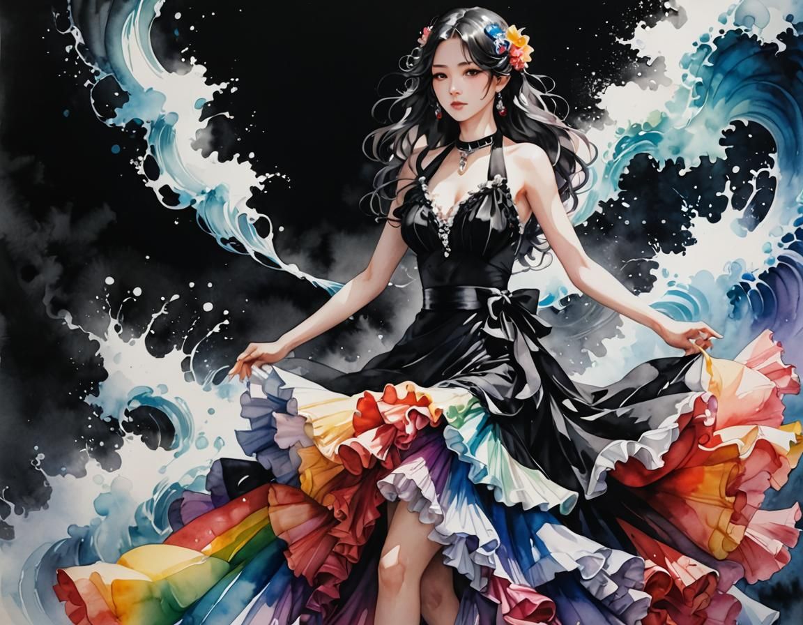 High Contrast Flamenco with Rainbow Watercolors