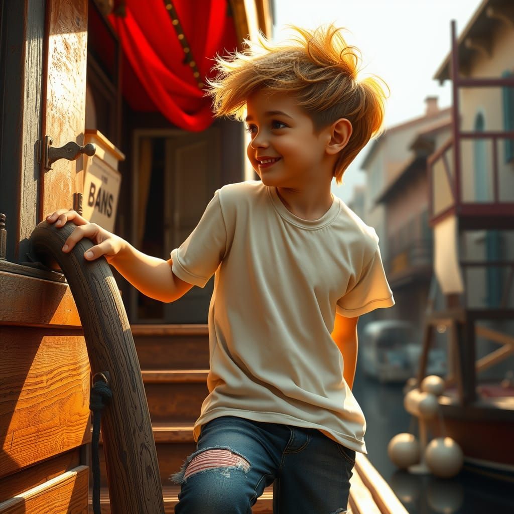 Boy Climbing Boat Stairs in Detailed Matte Painting