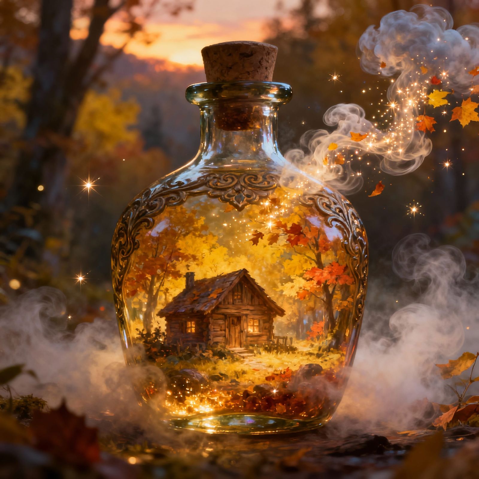 Autumn Potion Bottle with Magical Cabin Scene