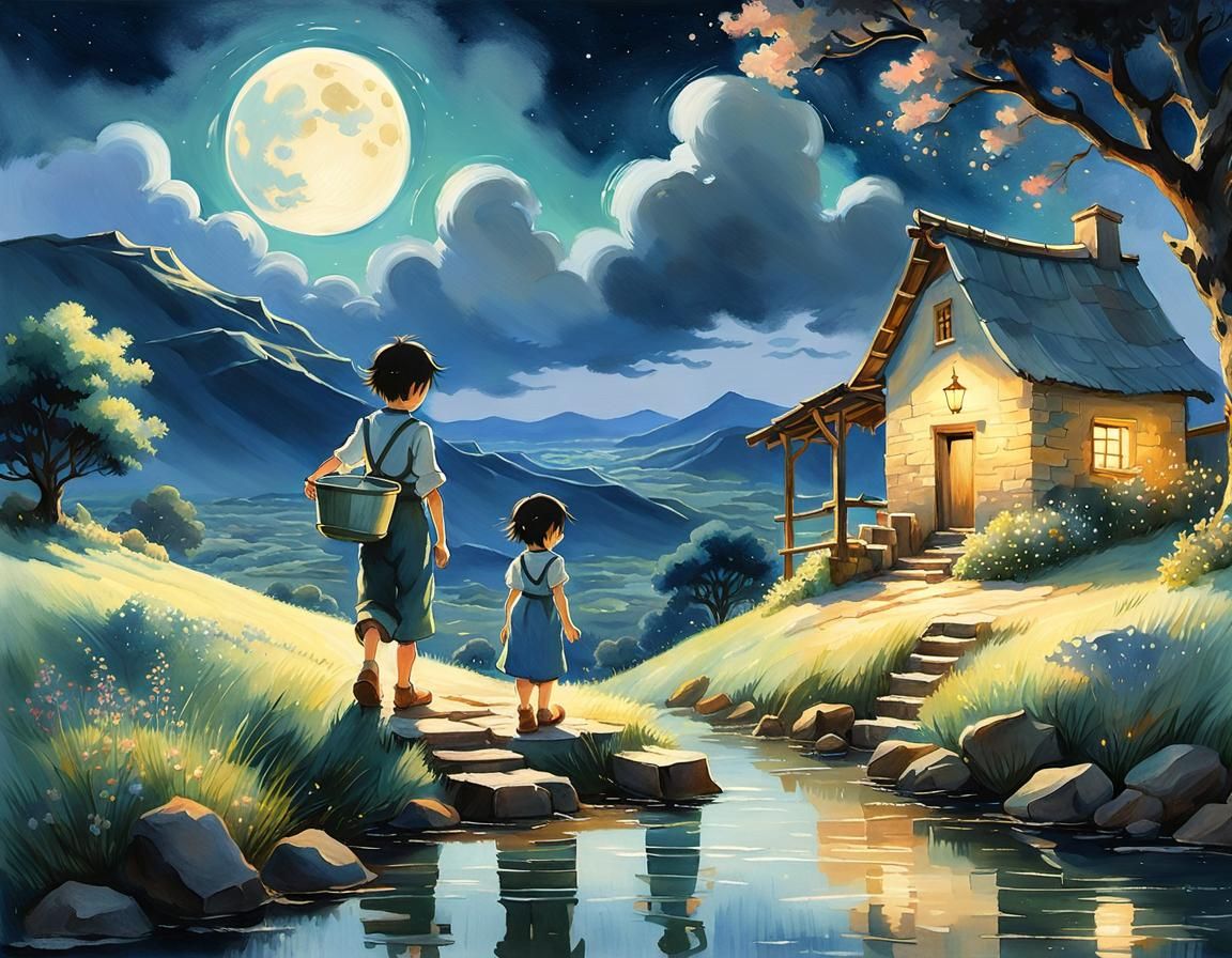 Children Fetching Water: Watercolor in Dreamy Landscape