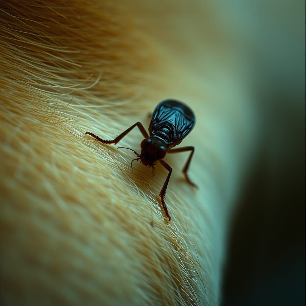 Macro Cinematic Film Still of Flea on Dog's Skin