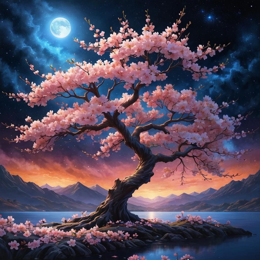 Cherry Blossoms Under a Starry Night Sky