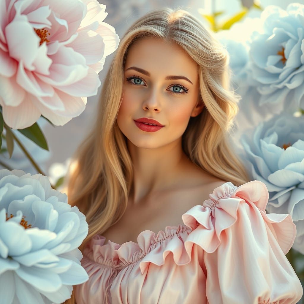 Victorian Woman in Surreal Peony Dreamscape