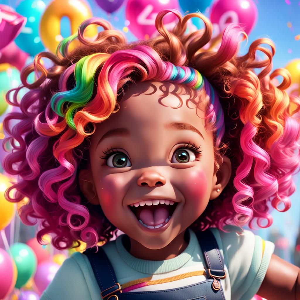 Delighted Girl with Rainbow Hair: 3D Anime Art