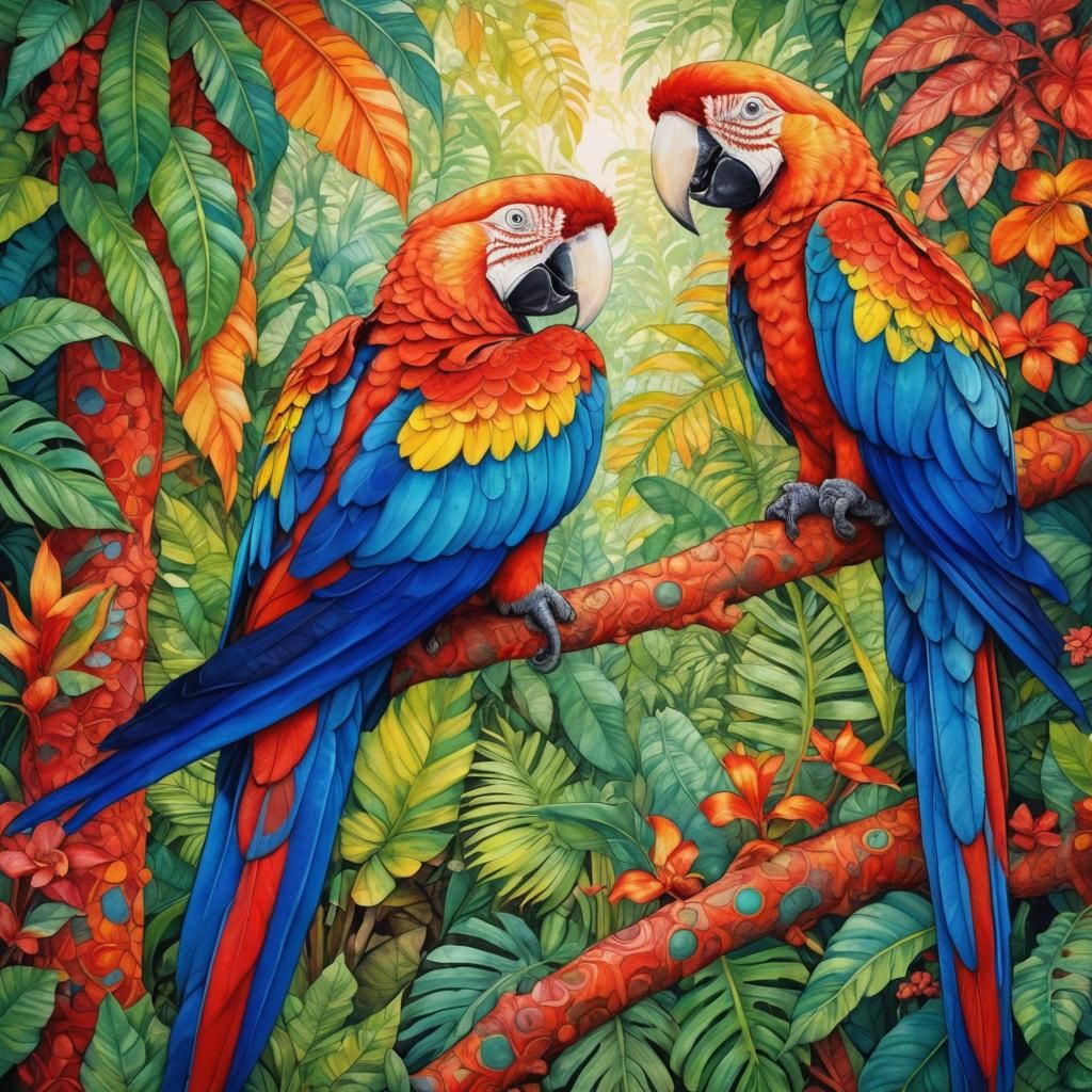 Scarlet Macaws in Jungle, Zentangle Alcohol Ink Art
