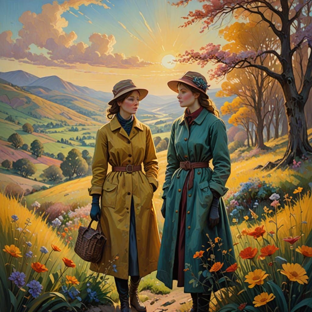 Women in Vibrant Fantastical Landscape