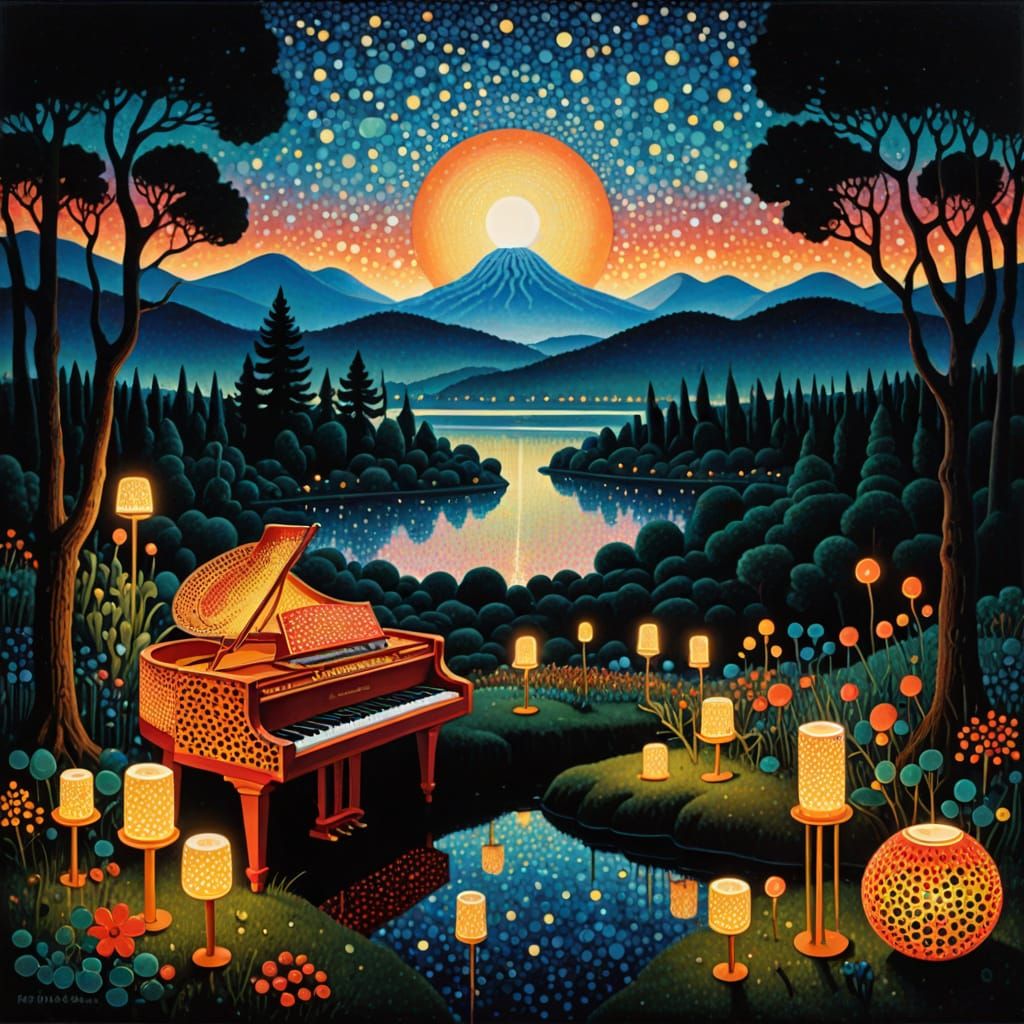 Pointillist Musical Landscape with Candlelit Instruments