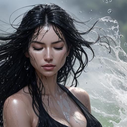 Woman Shakes Hair, Water Droplets Fly in Splash Art