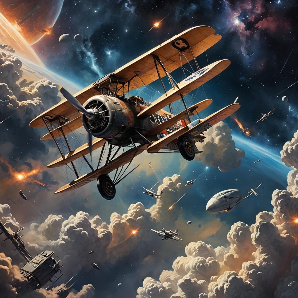 Sinister Biplane Soaring Through Space