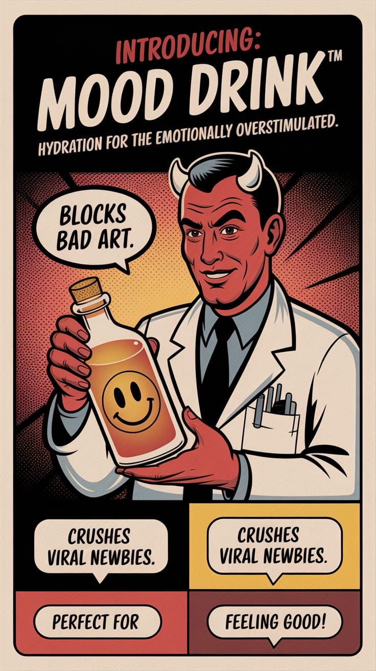 Retro-Futuristic Ad for Mood Drink in Vintage Halftone Style