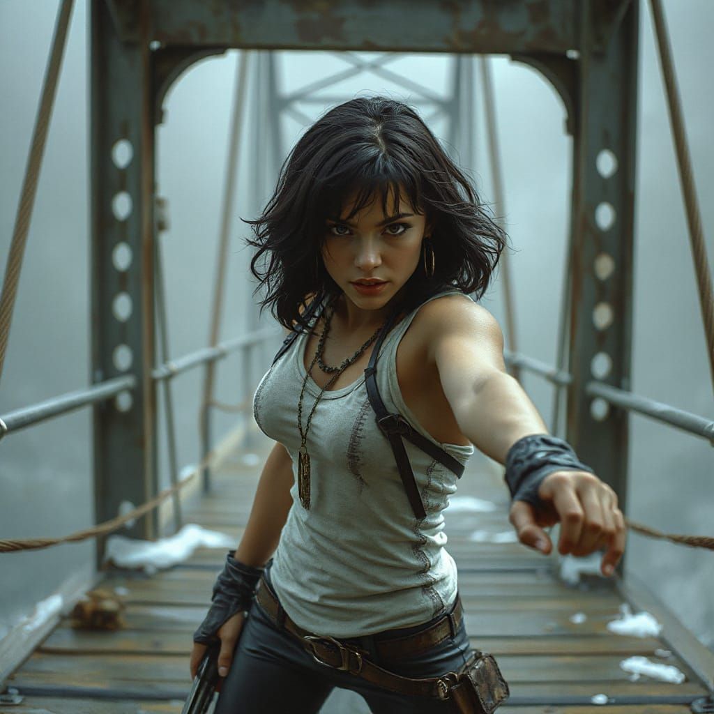 Fierce Woman Ready for Battle on Bridge