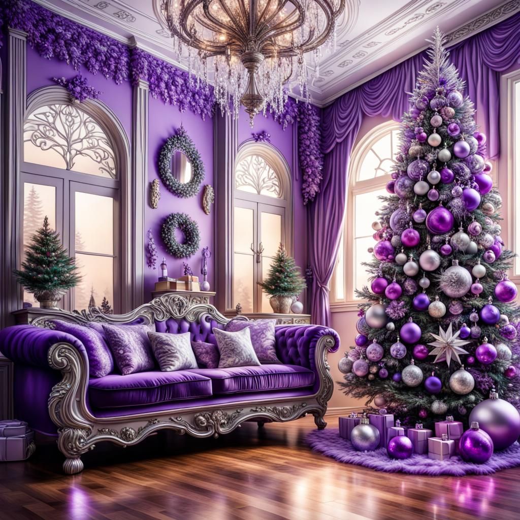 Ornate Purple and Silver Christmas Tree in Airbrush Art