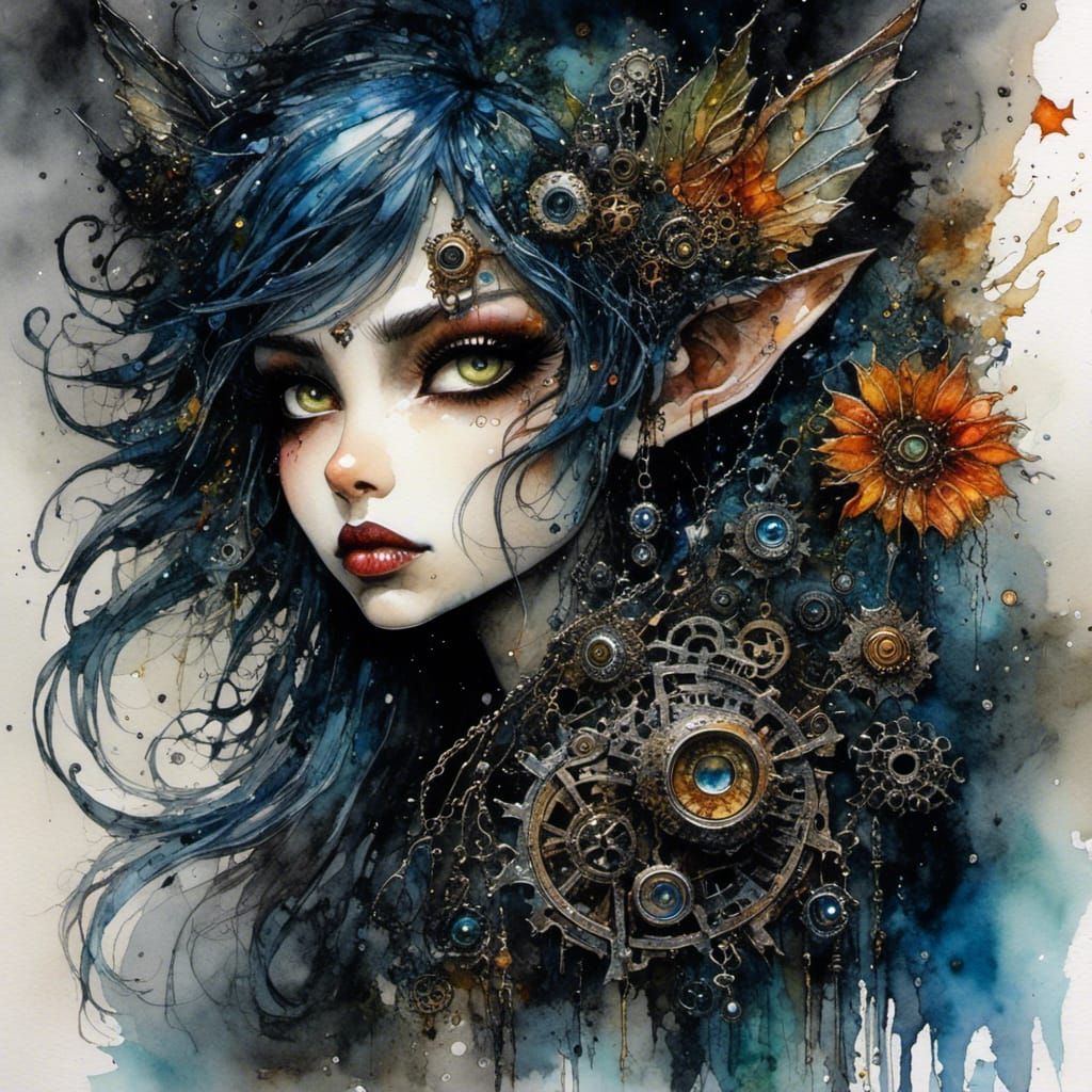 Cyborg Pixie in Watercolor Style