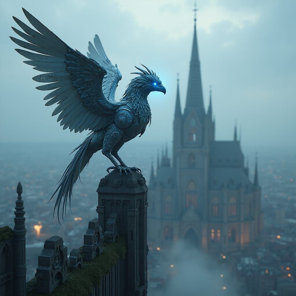 Cyborg Griffin Perched Atop Gothic Cathedral