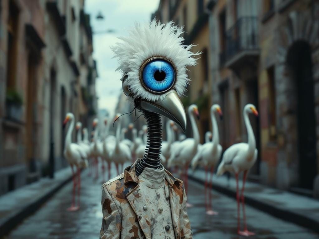 Surreal Feathered Eye Leads Flamingo Parade in Dali/Magritte...