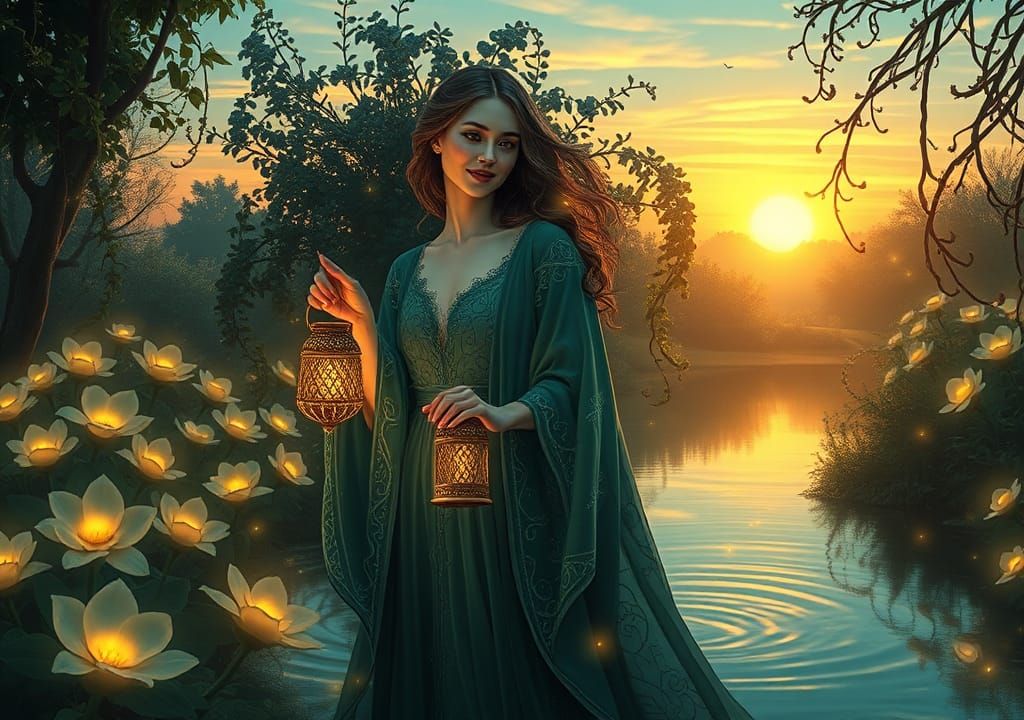 Ethereal Woman in Bioluminescent Garden, Art Nouveau Style