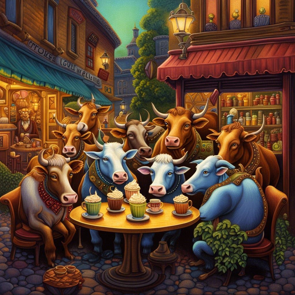 Fantasy Cows Coffee Break: Detailed Gouache Illustration