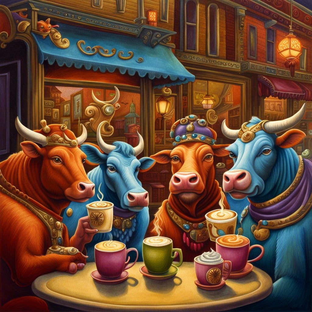 Fantasy Cows' Coffee Break: Urban Fantasy Illustration