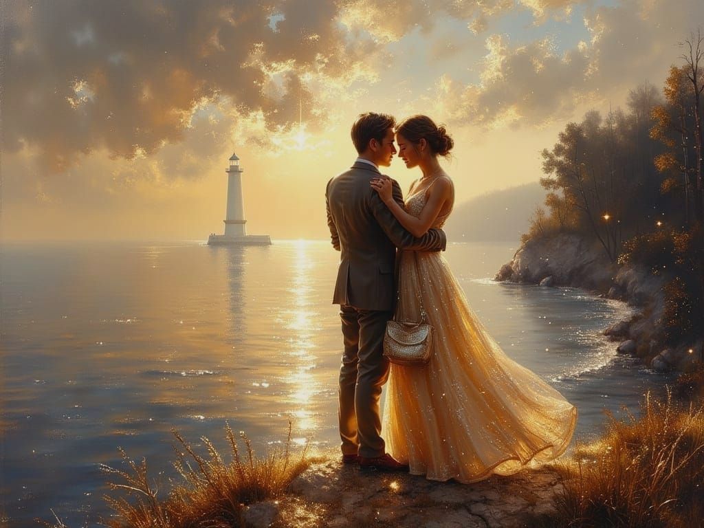 Couple Embracing at Twilight Lighthouse Overlooking Sea