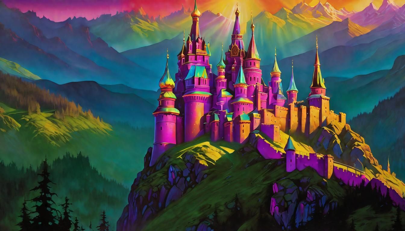 Iridescent Russian Fantasy Castle in Black Light