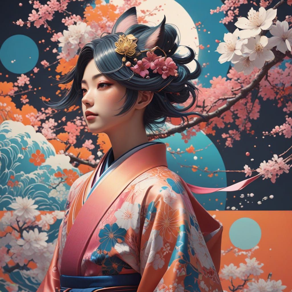 Ethereal Anime Artwork with Whimsical Japanese Patterns