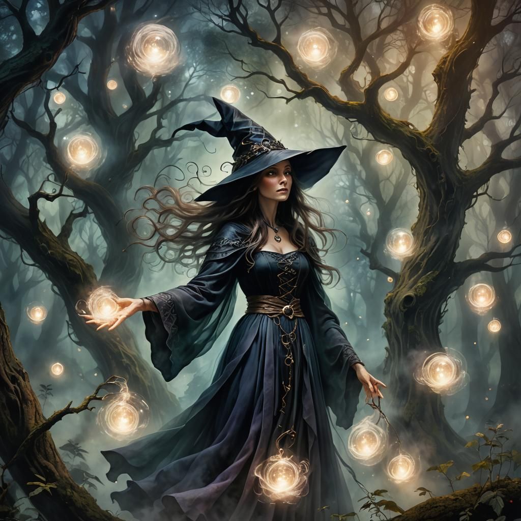 Enchanting Witch in Mystical Forest: Fantasy Art